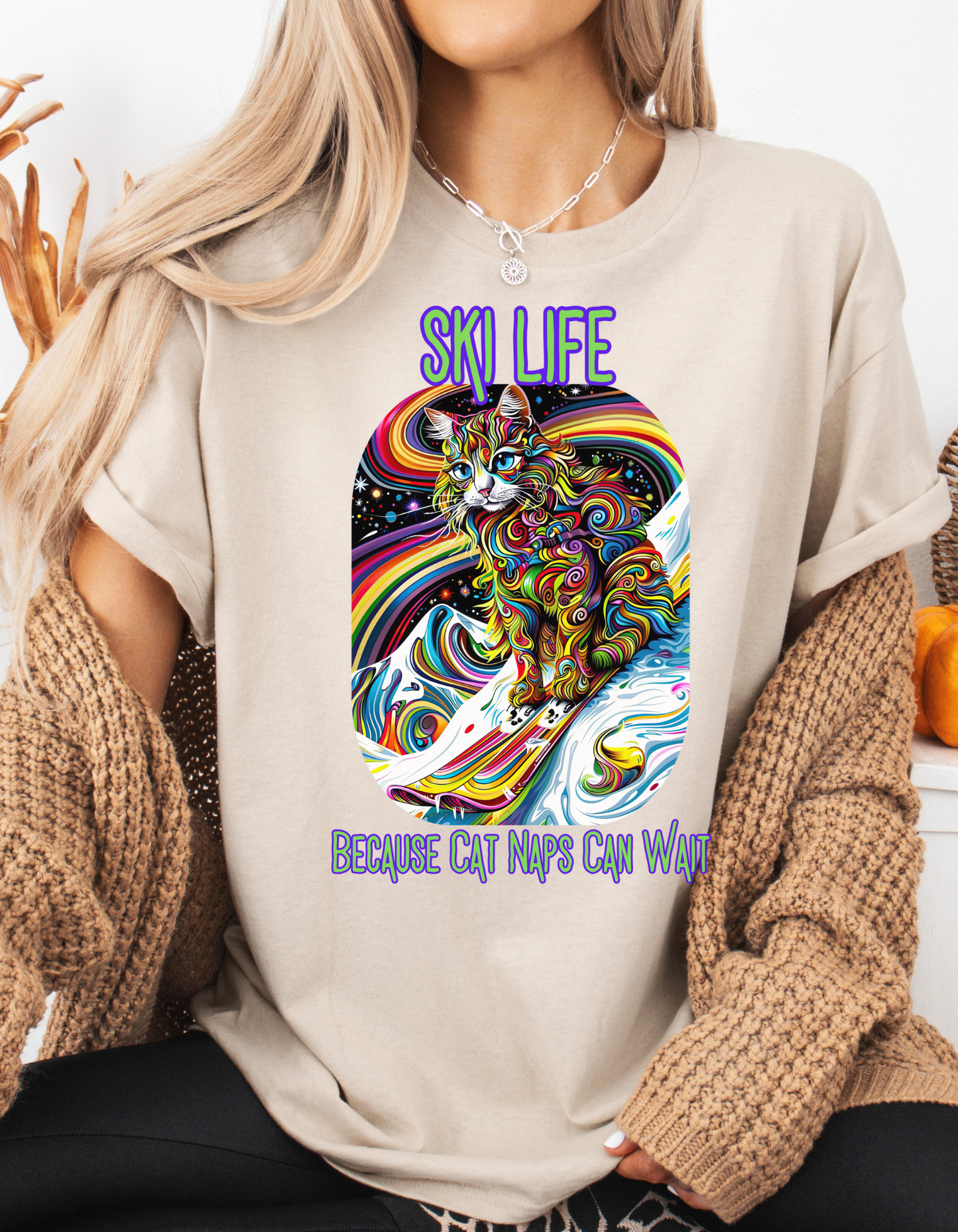 Ski Life- Because Cat Naps Can Wait - "Ski,, snow, Snowboard Winter Sports Cat (V2) Cat Art Gift -Cool Cats Graphic Tee Unisex Heavy Cotton Tee T-Shirt