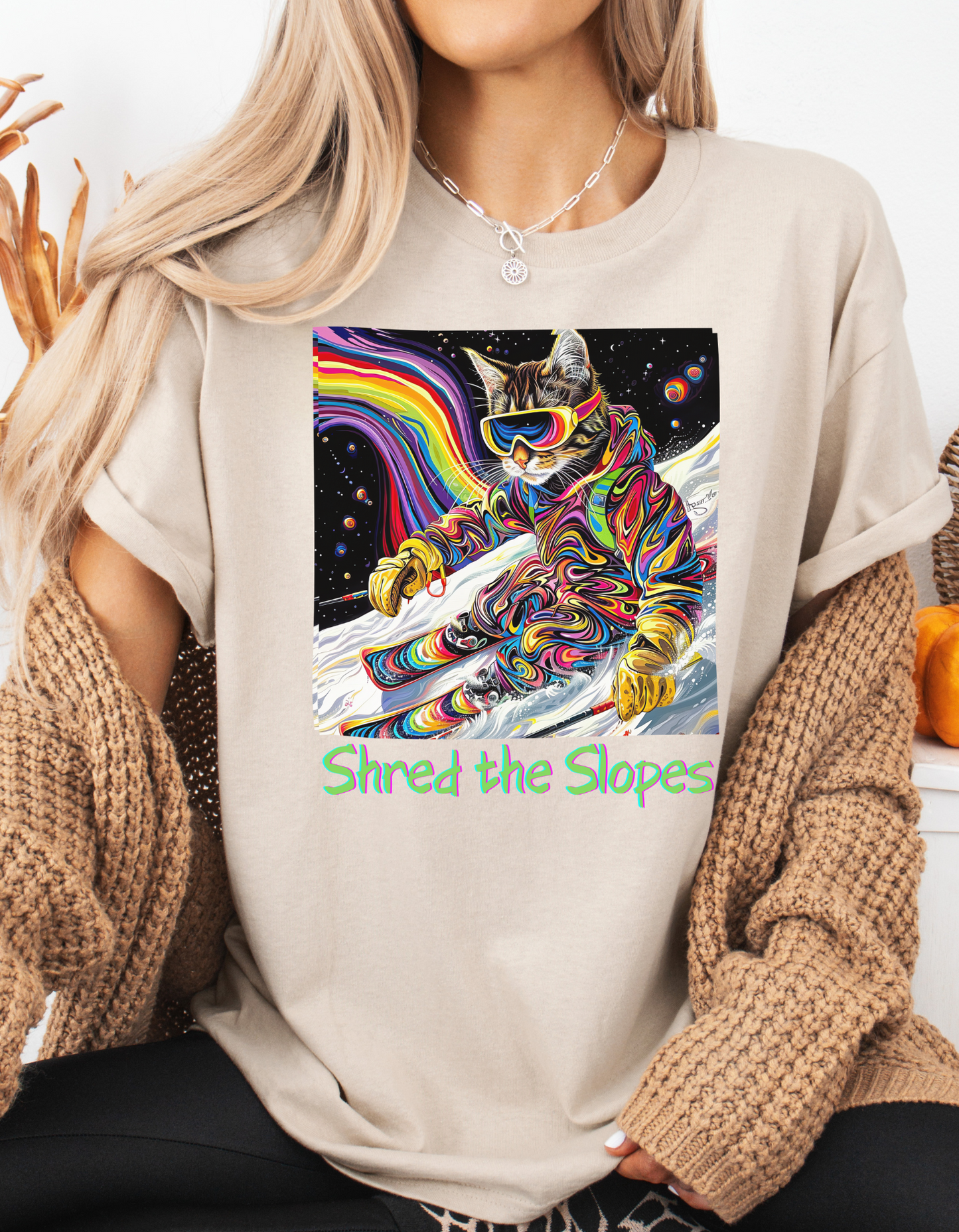 Shred the Slopes - Ski, Snow, Snowboard Winter Sports Cat Cat Art Graphic Tee, Ski Gift - Cool Cats Unisex Heavy Cotton Tee T-Shirt