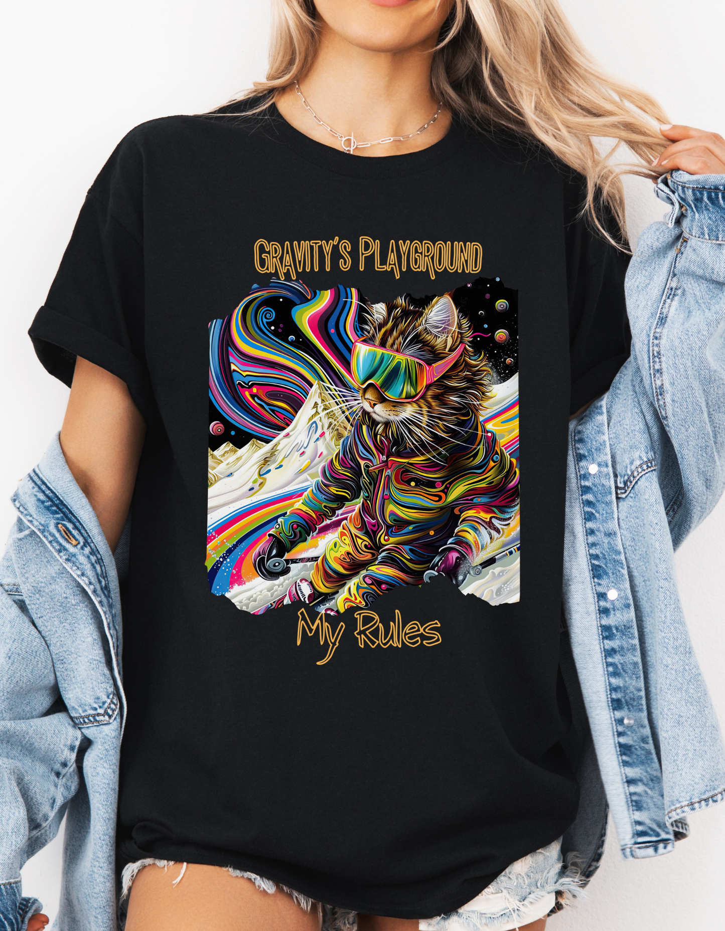 Gravity's Playground, MY Rules - Ski, Snow, Snowboard Winter Sports Cat (V2) Cat Art Gift -Cool Cats Graphic Tee Unisex Heavy Cotton Tee T-Shirt