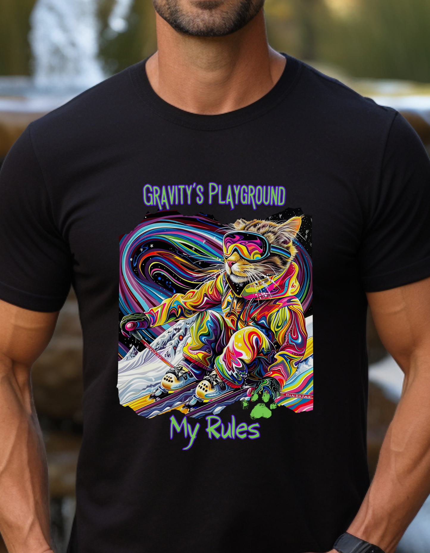 Gravity's Playground, My Rules - Ski, Snow, Snowboard Winter Sports Cat - Cat Graphic Tee Art Gift - Cool Cats Unisex Heavy Cotton Tee T-Shirt