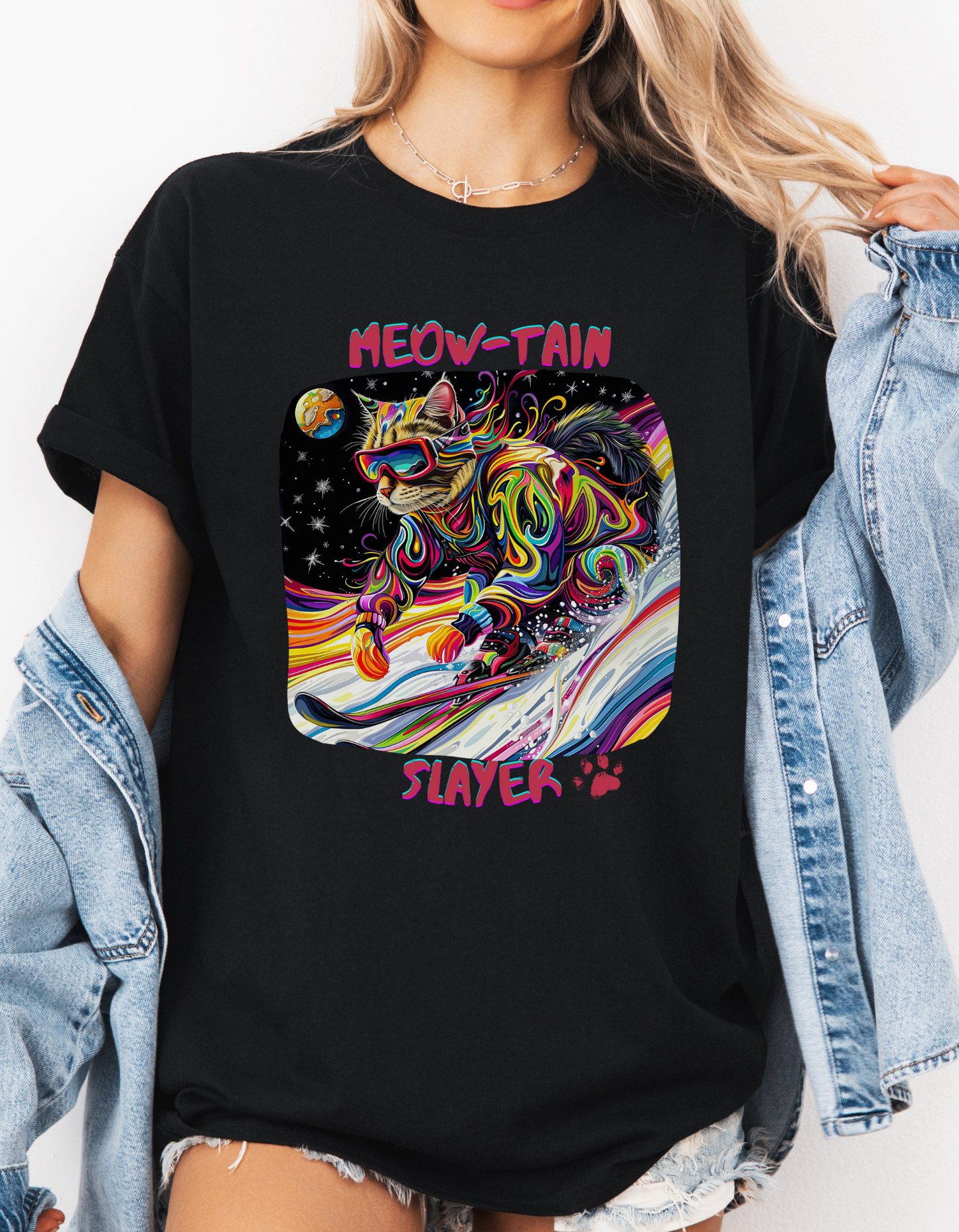 Meow-tain Slayer - Ski, Snow, Snowboard Winter Sports Cat Cat Art Graphic Tee, Ski Gift - Cool Cats Unisex Heavy Cotton Tee T-Shirt