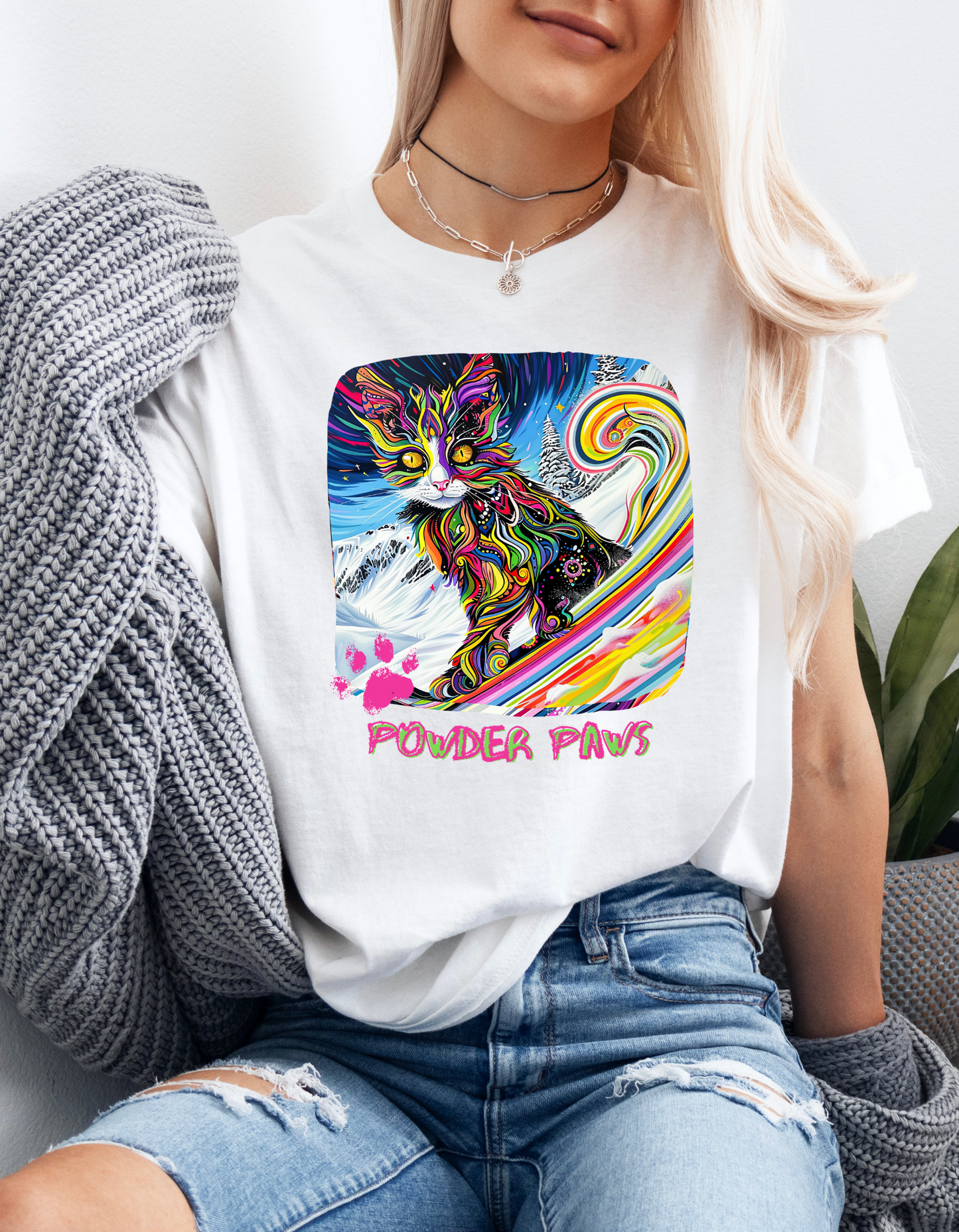 Powder Paws Snow, Snowboard Winter Sports Cat - Cat Art Graphic Tee, Ski Gift - Cool Cats Unisex Heavy Cotton Tee T-Shirt