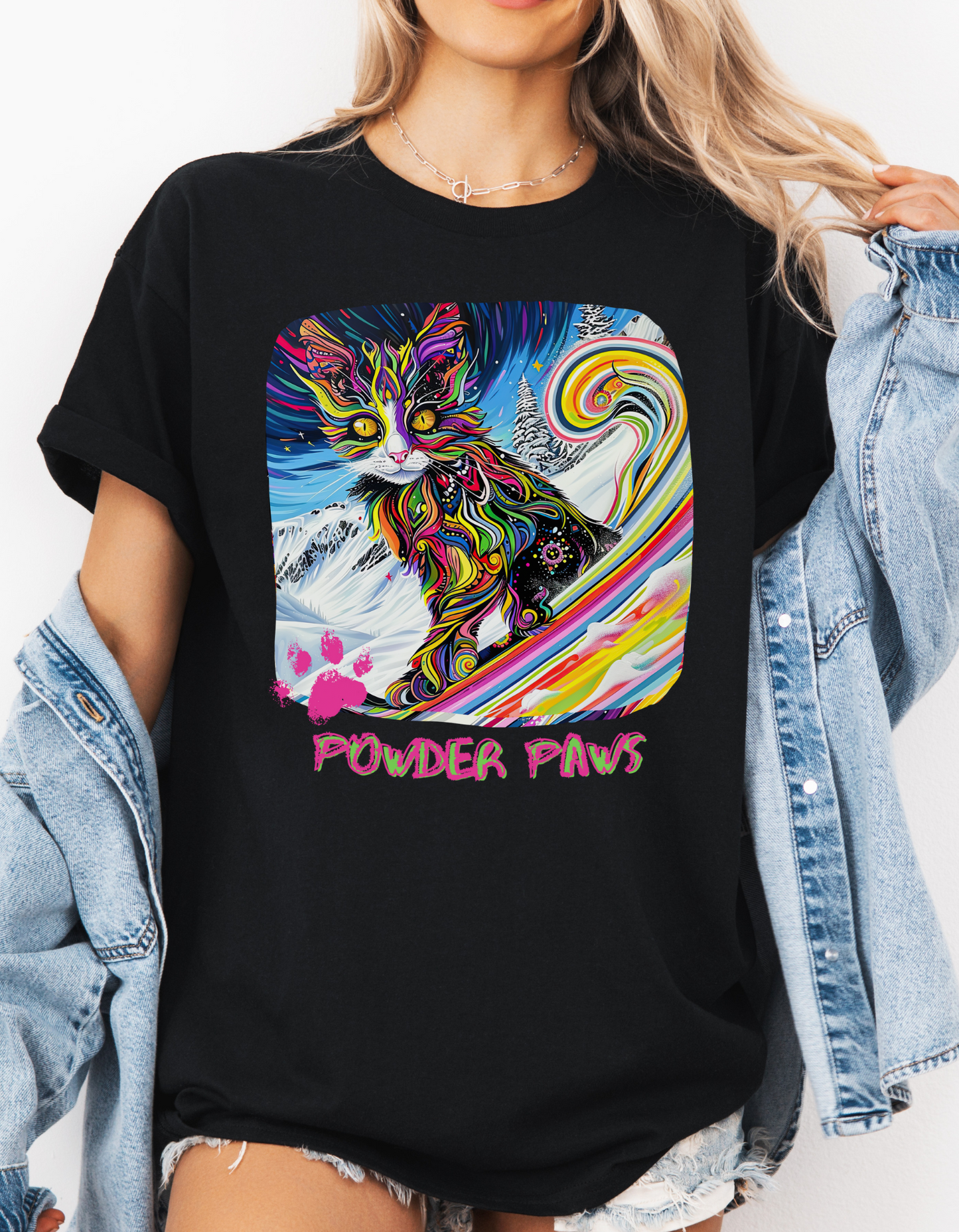 Powder Paws Snow, Snowboard Winter Sports Cat - Cat Art Graphic Tee, Ski Gift - Cool Cats Unisex Heavy Cotton Tee T-Shirt