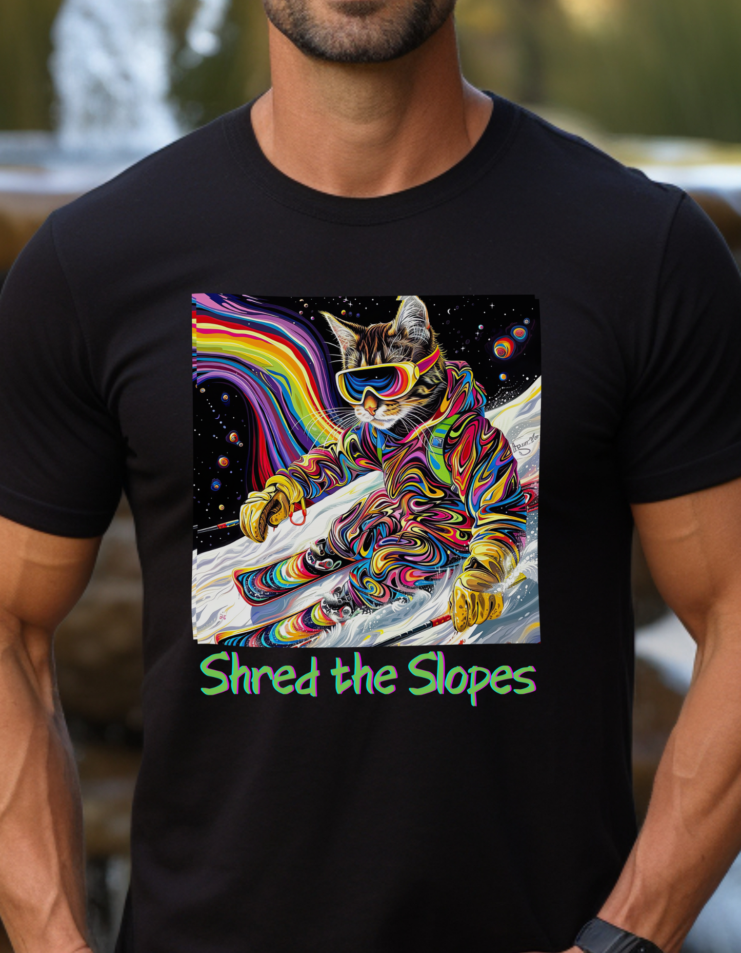 Shred the Slopes - Ski, Snow, Snowboard Winter Sports Cat Cat Art Graphic Tee, Ski Gift - Cool Cats Unisex Heavy Cotton Tee T-Shirt
