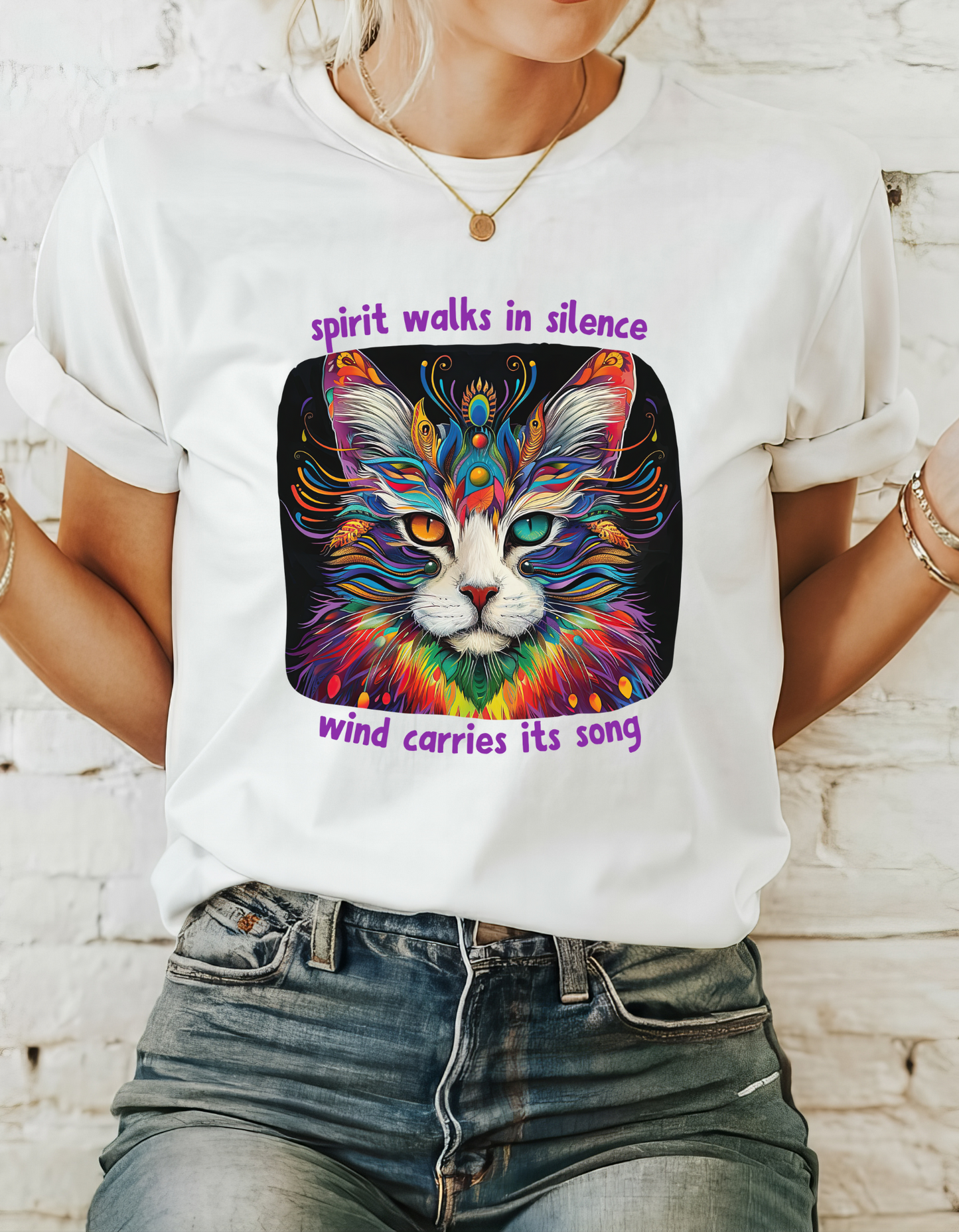 Spirit Walks in Silence, Wind Carries its Song - Shaman Graphic Cat Tee, Cat Lover's Graphic Tee Graphic Unisex T- Shirt, T-Shirt Cat Lovers Gift Softstyle T-Shirt Tee Teeshirt Stylized Cat
