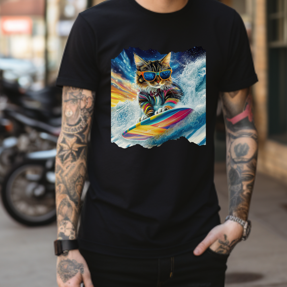 Surfer Surfing Cat, (Ver 2) Cat on Surfboard Graphic Tee- Water Sports Cat (V1) Cat Art Gift - Cool Cats Unisex Heavy Cotton Tee T-Shirt