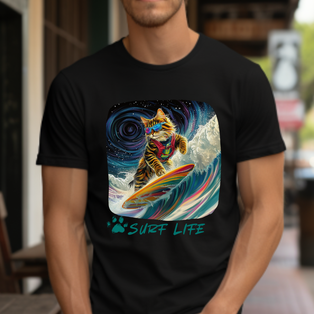 Surf LIfe - Surfer Surfing Cat Graphic Tee, Cat on Surfboard - Shirt reads "Surf Life" Cats Art Gift - Cool Cats Unisex Heavy Cotton Tee T-Shirt