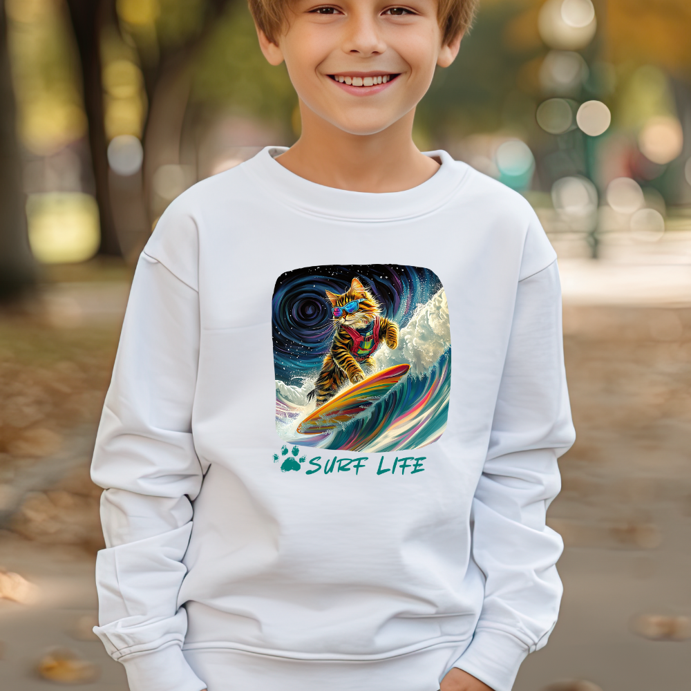 Surf Life Surfer Cat for Kids Sweatshirt - Kitty Cat Shredding the Weves-Youth Crewneck Sweatshirt -Christmas Cat Gift