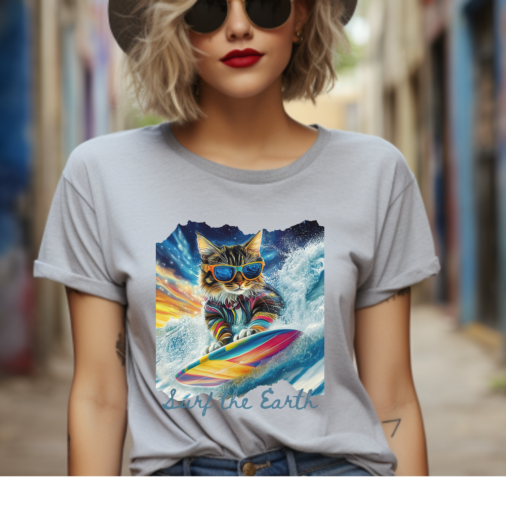 Surf Surfer Cat, "Surf the Earth", Cat on Surfboard Graphic Tee- Water Sports Cat (V1) Cat Art Gift - Cool Cats Unisex Heavy Cotton Tee T-Shirt