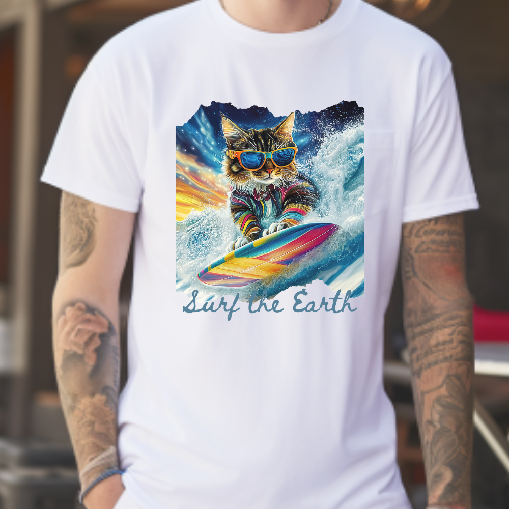 Surf Surfer Cat, "Surf the Earth", Cat on Surfboard Graphic Tee- Water Sports Cat (V1) Cat Art Gift - Cool Cats Unisex Heavy Cotton Tee T-Shirt