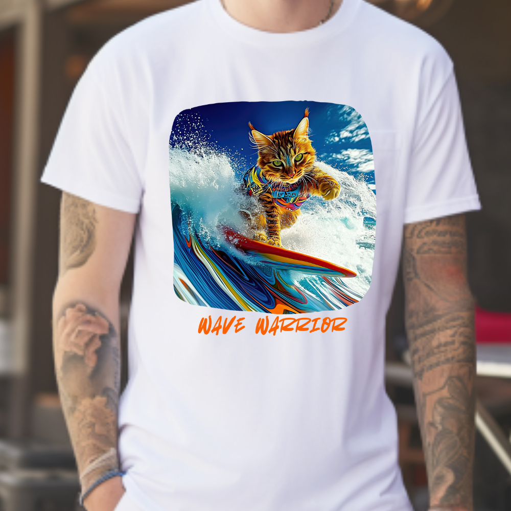 Wave Warrior Surfer Surfing Cat, Cat on Surfboard Graphic Tee reads "Wave Warrior" Surf Life Cat ,Art Gift - Cool Cats Unisex Heavy Cotton Tee T-Shirt