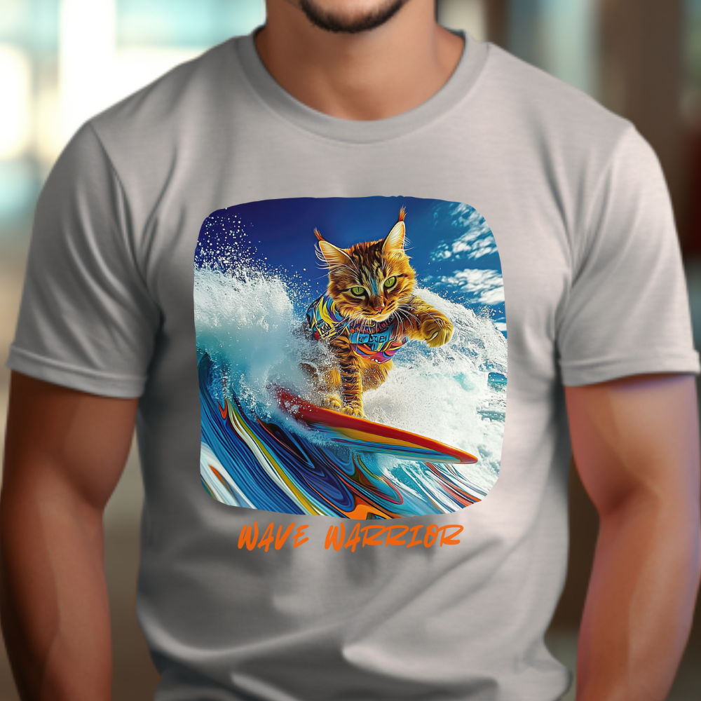 Wave Warrior Surfer Surfing Cat, Cat on Surfboard Graphic Tee reads "Wave Warrior" Surf Life Cat ,Art Gift - Cool Cats Unisex Heavy Cotton Tee T-Shirt