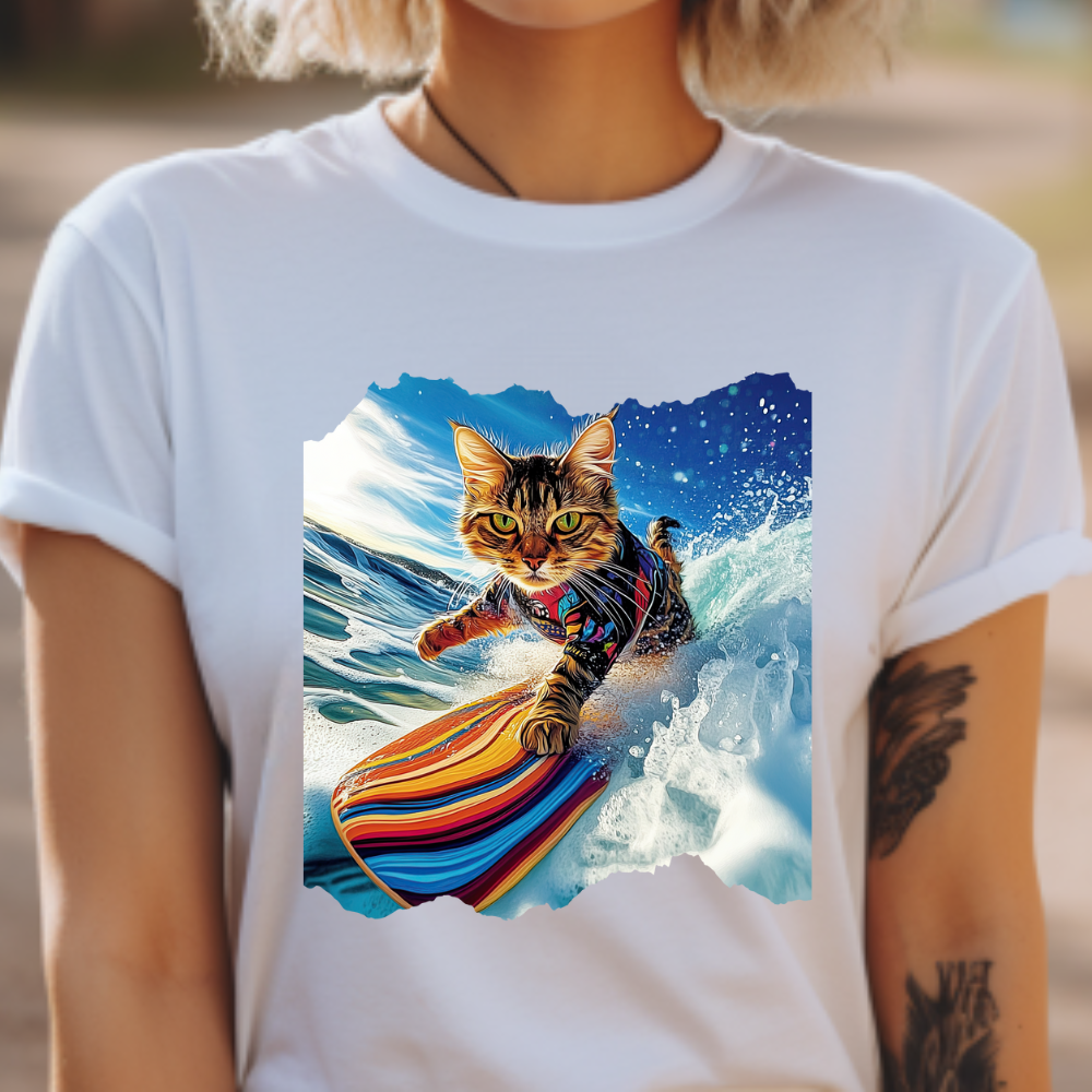 Surfer Surf Cat, Cat on Surfboard Graphic Tee- Water Sports Cat (V1) Cat Art Gift - Cool Cats Unisex Heavy Cotton Tee T-Shirt