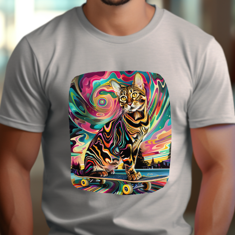 Skateboard Cat, (V2) Skater Cat Art Gift - Cool Cats Unisex Heavy Cotton Tee T-Shirt