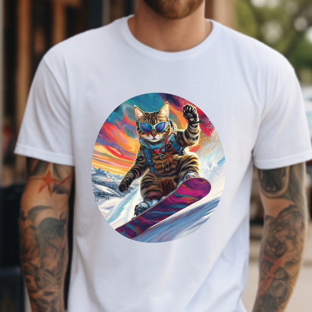 Snowboard Cat (V4) Extreme Winter Sports Ski Cat Art Gift - Cool Cats Unisex Heavy Cotton Tee T-Shirt