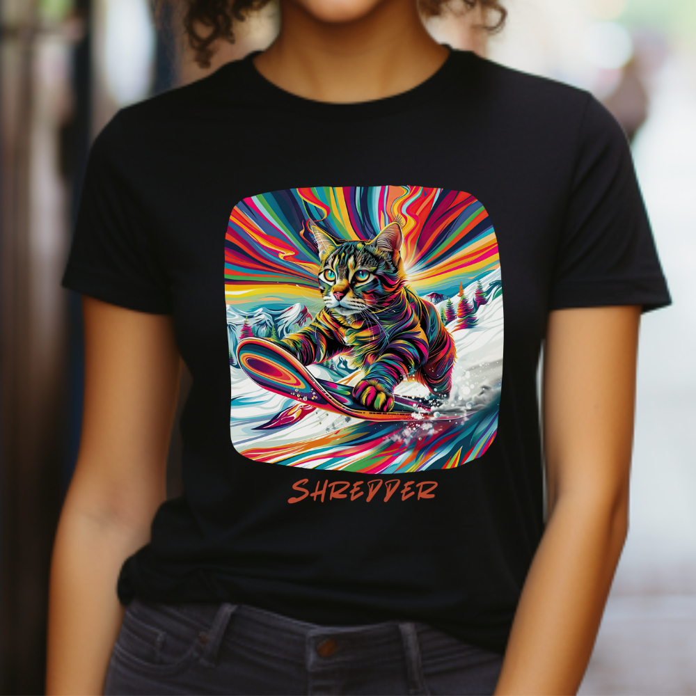 Shredder Snowboard Cat Graphic Tee - Extreme Winter Sports Ski Cat Art Gift - Cool Cats Unisex Heavy Cotton Tee T-Shirt