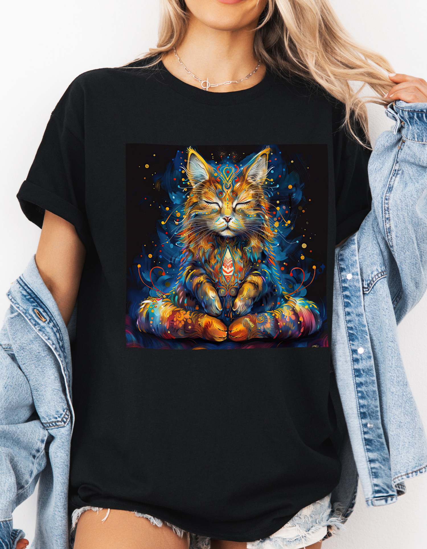 Meditating Cat Graphic Tee on BLonde