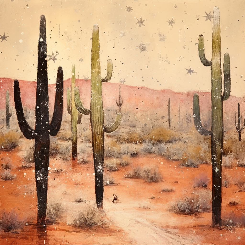 Christmas in Arizona Saguaro Cactus with Snow Stars Art