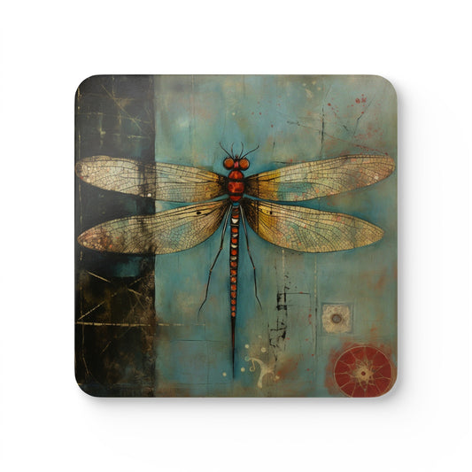 Folk Art Dragonfly, Home Decor Gift ,Dragonfly Corkwood Coaster Set