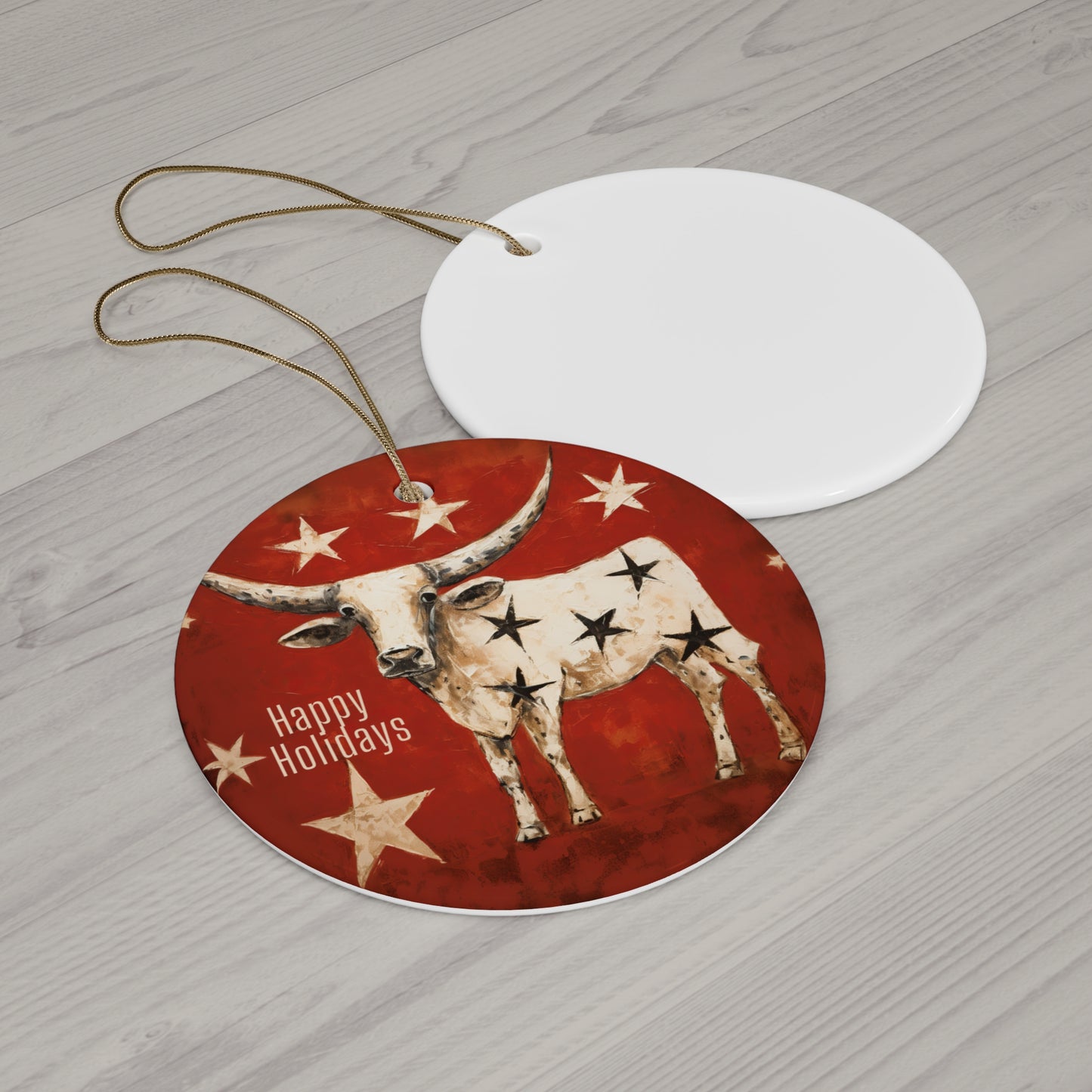 Texas Longhorn Texas Stars Christmas Greeting Ceramic Tree Ornament.  Happy Holiday Southern Greeting Gift