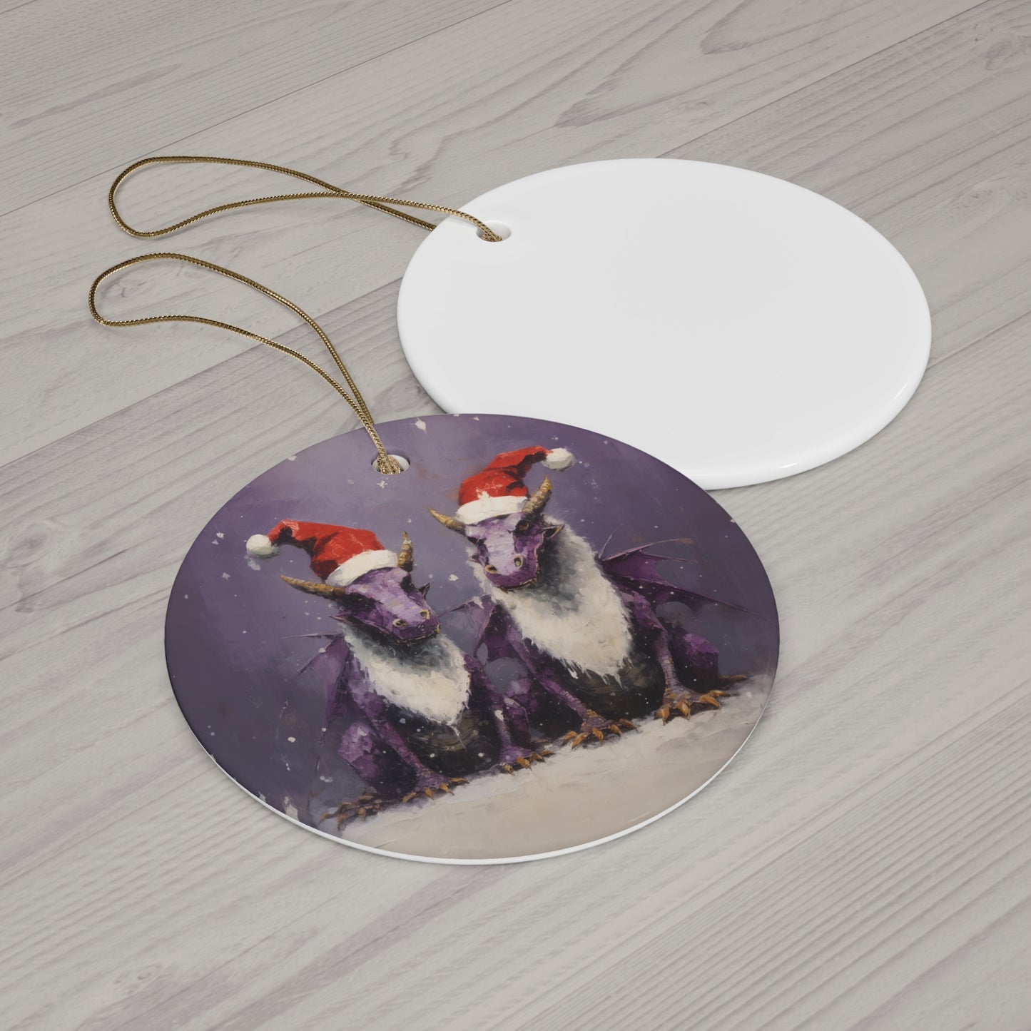 Holiday Dragons - Christmas Purple Dragons in a Santa Hat Ceramic Christmas Ornament -  Magical Dragon Dinosaur Kids Ornament Gift