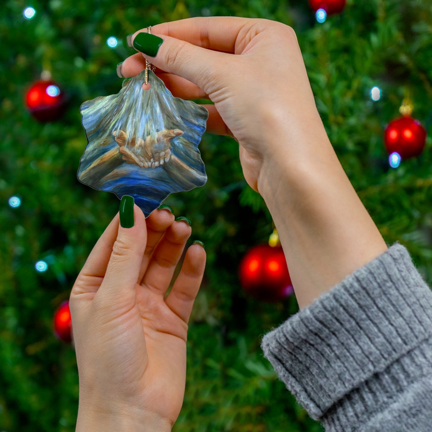 Hands of Grace, Hands of Light, Creation, Spiritual, Religious Christmas Gift, Printed Ceramic Christmas Tree ornament, Christian Christ