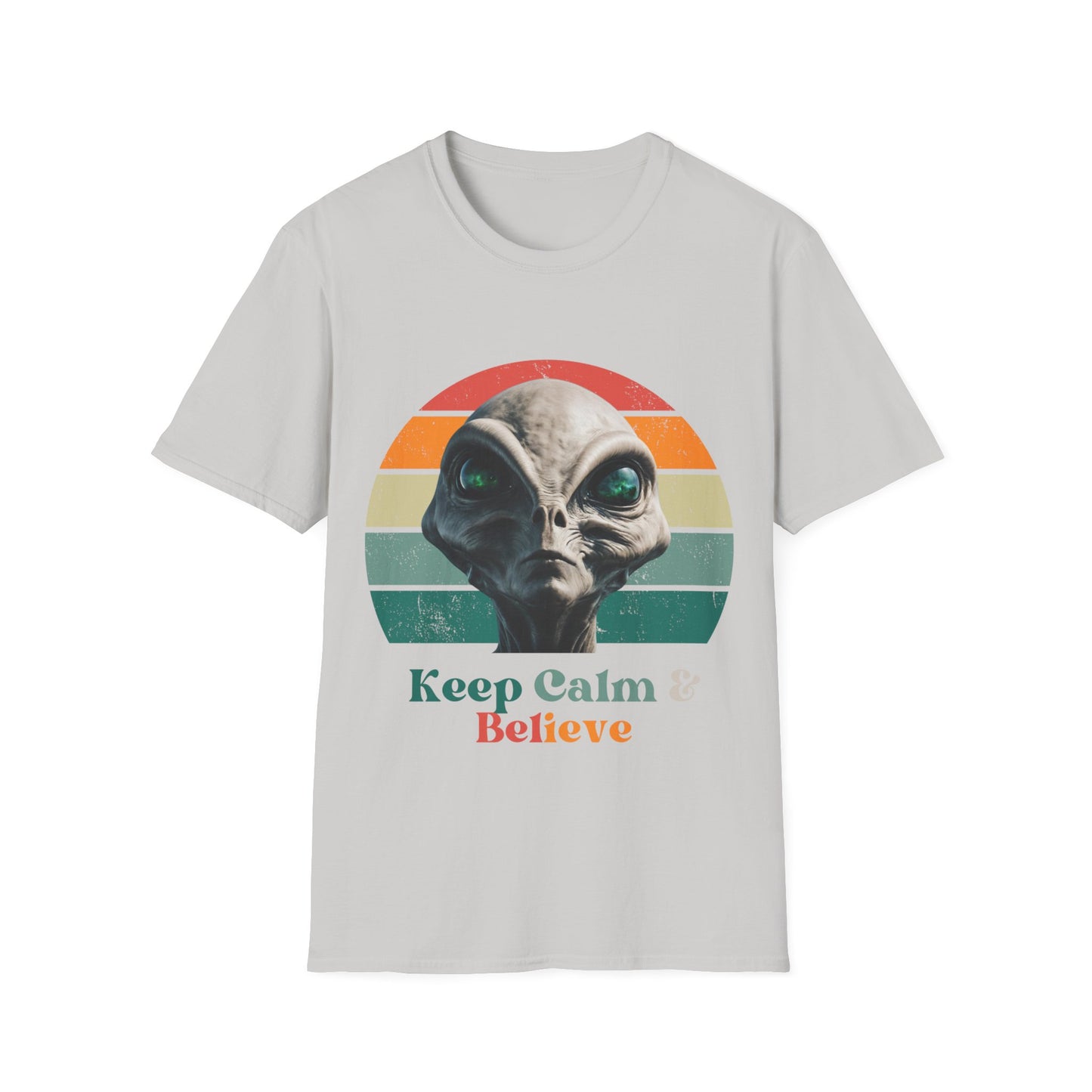 Retro Alien ET, Extraterrestrial Shirt, T-Shirt, "Keep Calm and Believe" Softstyle Unisex Tee Shirt  - 60s 70s Vibe- Keep Calm Hippie Shirt