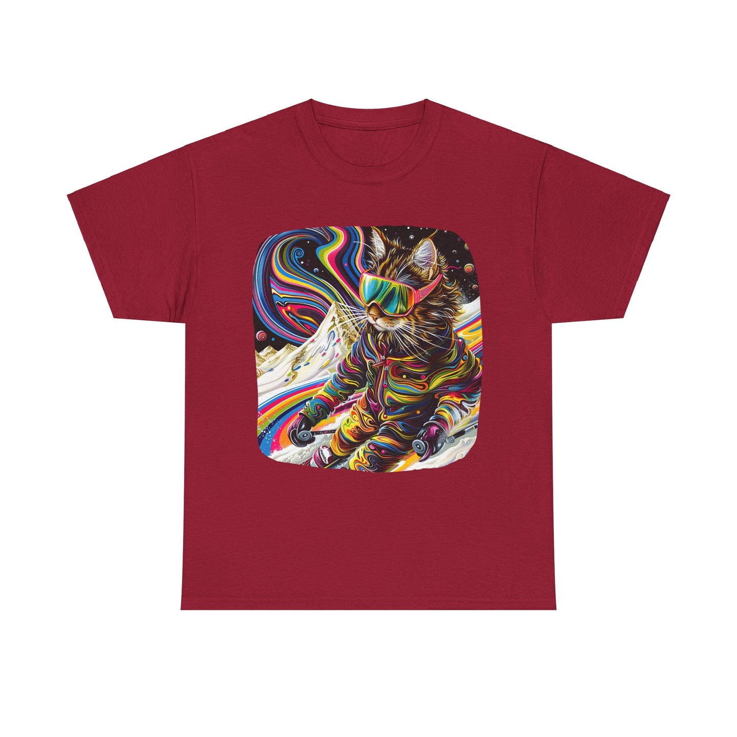 Ski Cat, Winter Sports Cat Shirt, Art Gift   -  Cool Cats Unisex Heavy Cotton Tee T-Shirt