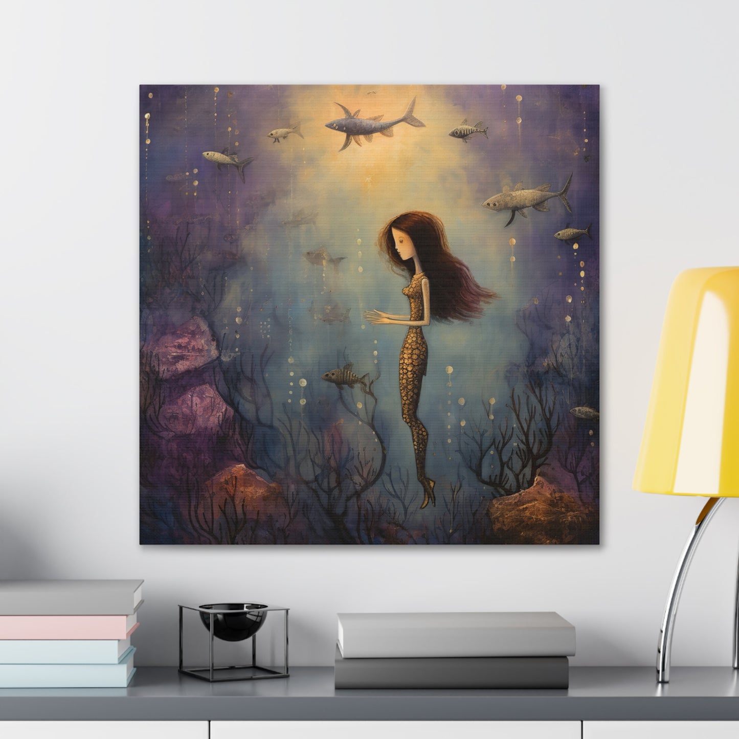 Purple Mermaid Underwater Scene, Mermaid Gift, Kids, Fantasy Mystical Fish Wall Art, Canvas, Flower Gift, Wall Art Painting Pastel