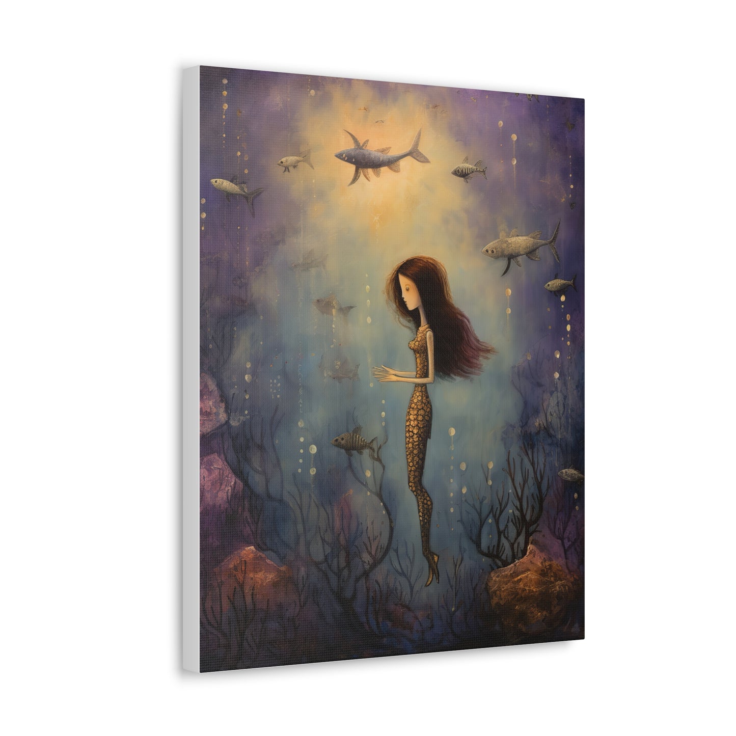 Purple Mermaid Underwater Scene, Mermaid Gift, Kids, Fantasy Mystical Fish Wall Art, Canvas, Flower Gift, Wall Art Painting Pastel