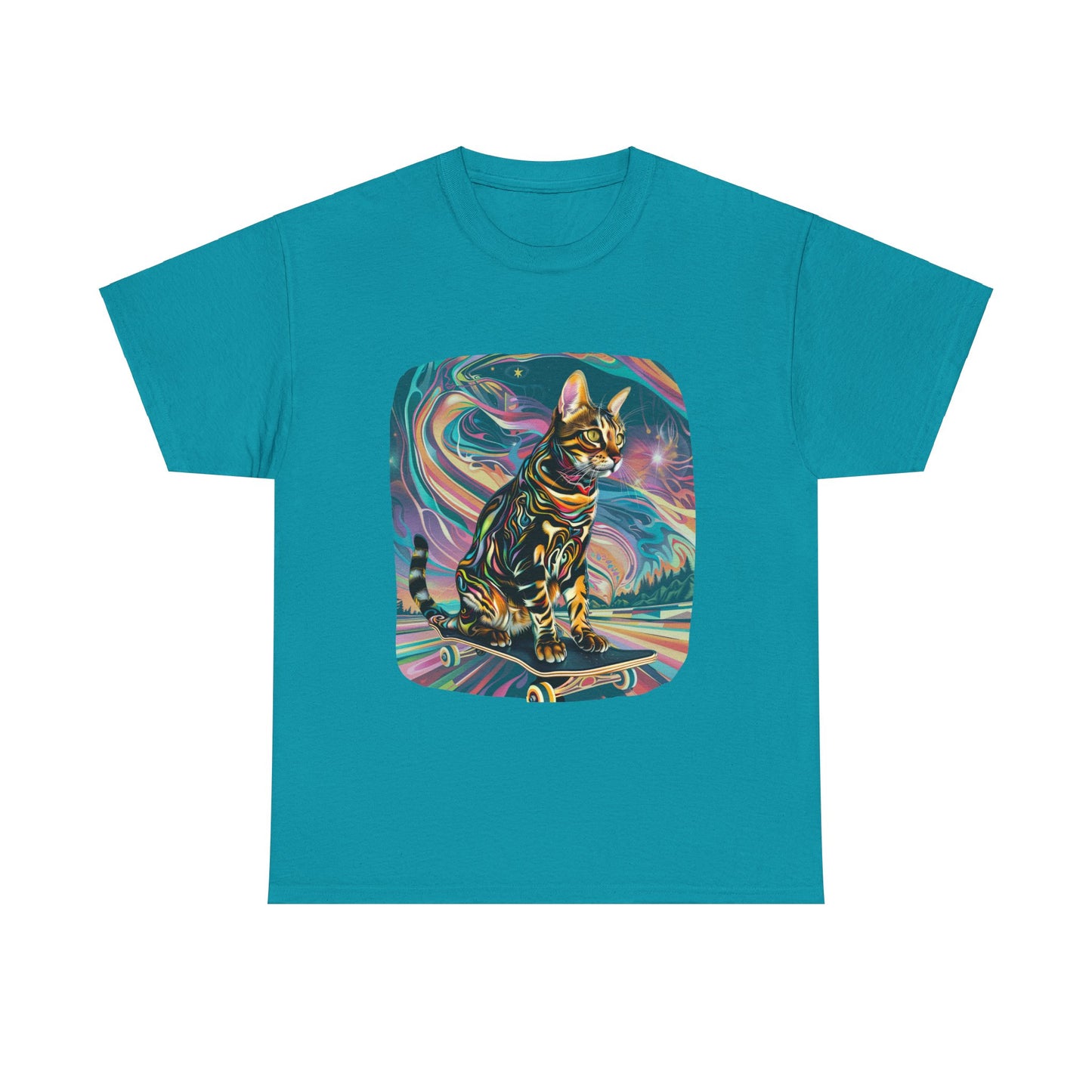 Skateboard Cat, (V2) Skater Cat Art Gift   -  Cool Cats Unisex Heavy Cotton Tee T-Shirt