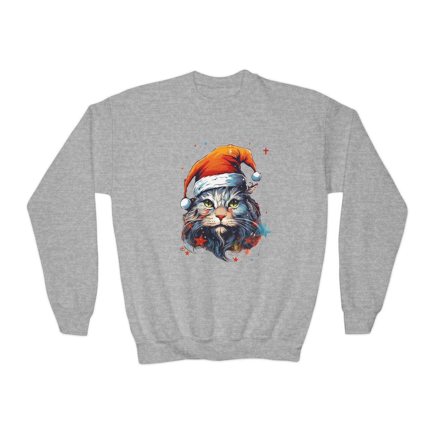 Scrappy White Cat in Santa Hat, Kids Sweatshirt - Adorable Kids Youth Crewneck Sweatshirt -Christmas Cat Lover Gift Shirt