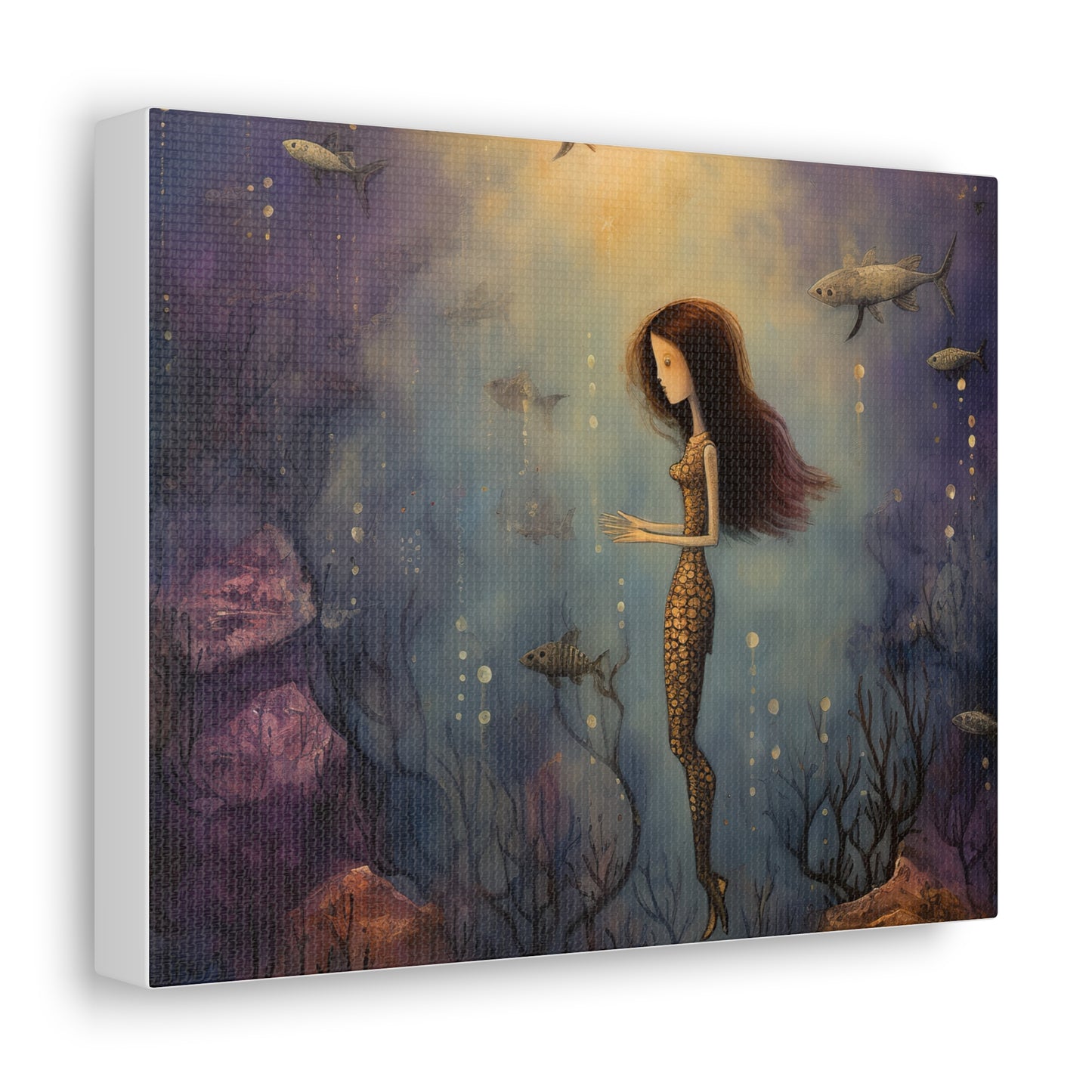 Purple Mermaid Underwater Scene, Mermaid Gift, Kids, Fantasy Mystical Fish Wall Art, Canvas, Flower Gift, Wall Art Painting Pastel