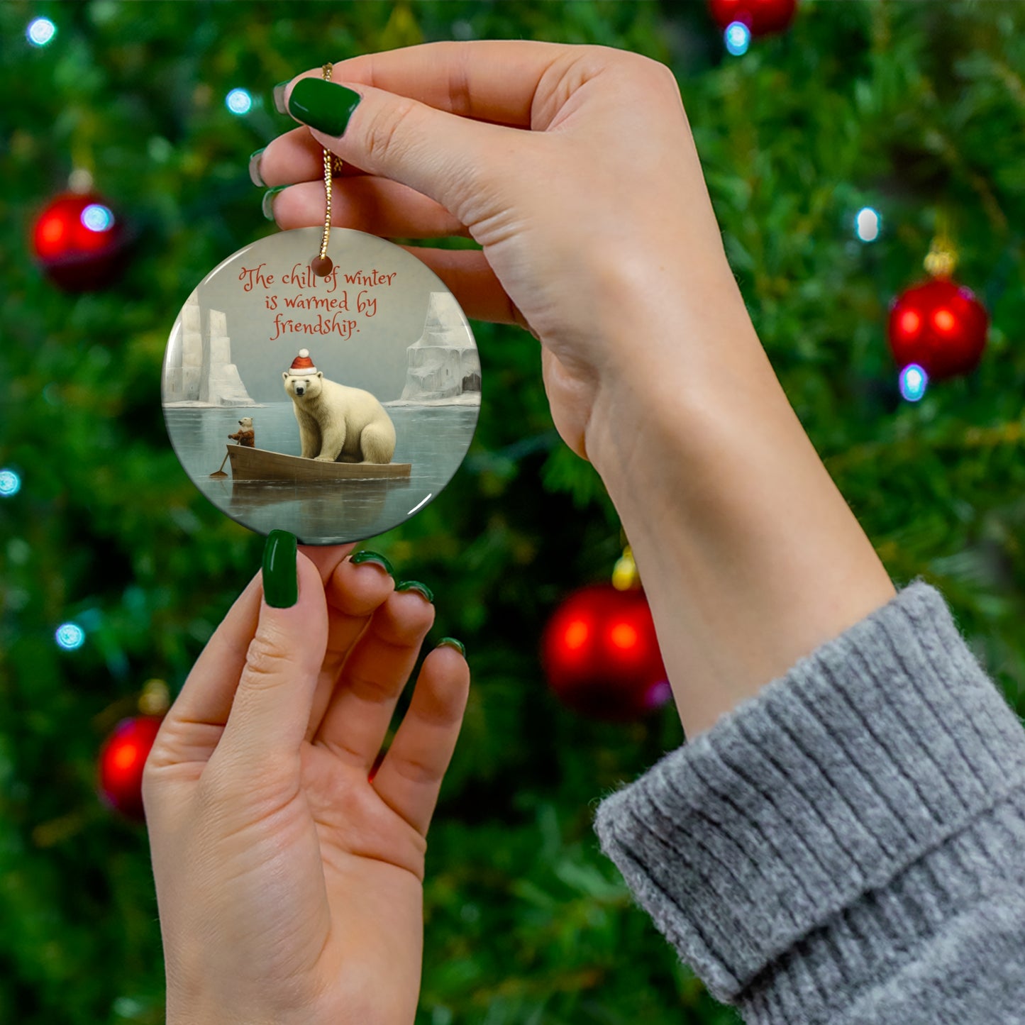 Polar Bear Arctic Fox Friendship Christmas Greetings -  Christmas Tree Keepsake Ornament Ceramic - Northern Seas Polar