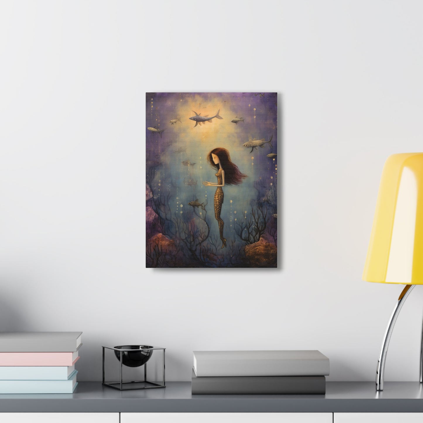 Purple Mermaid Underwater Scene, Mermaid Gift, Kids, Fantasy Mystical Fish Wall Art, Canvas, Flower Gift, Wall Art Painting Pastel