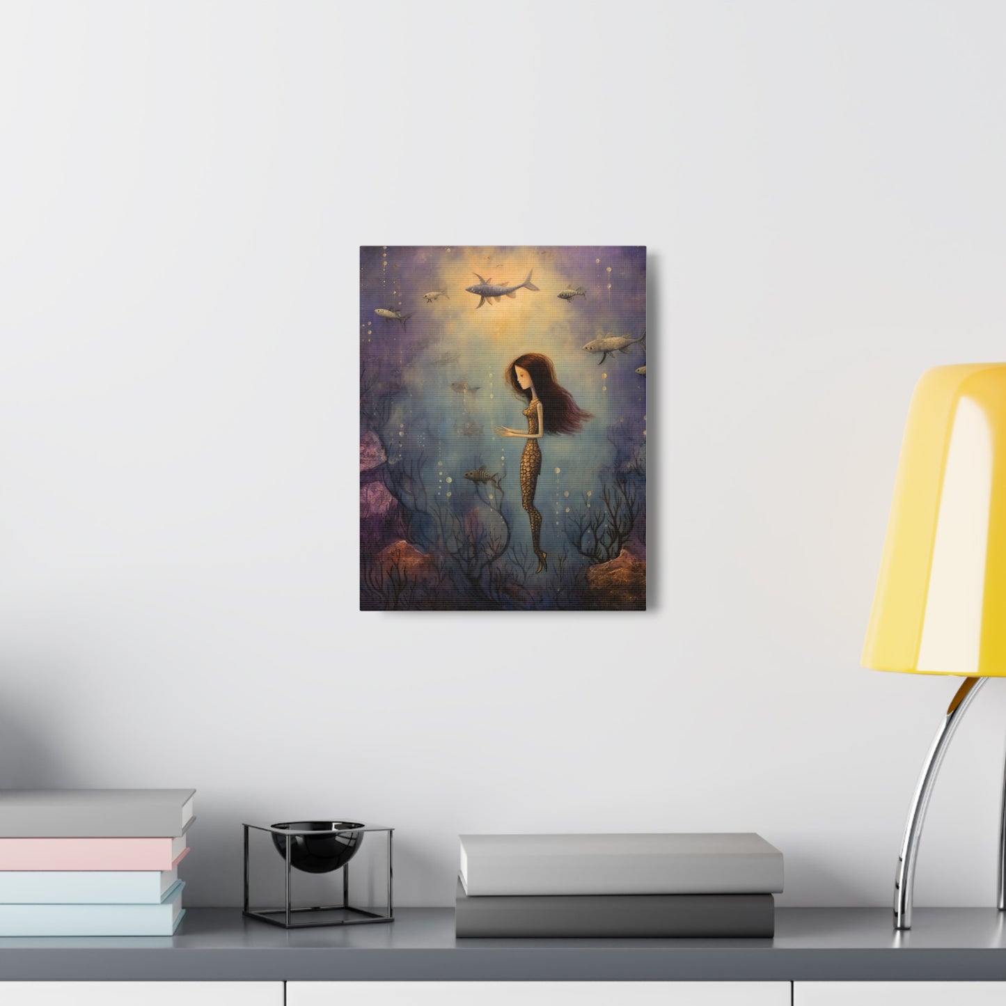 Purple Mermaid Underwater Scene, Mermaid Gift, Kids, Fantasy Mystical Fish Wall Art, Canvas, Flower Gift, Wall Art Painting Pastel