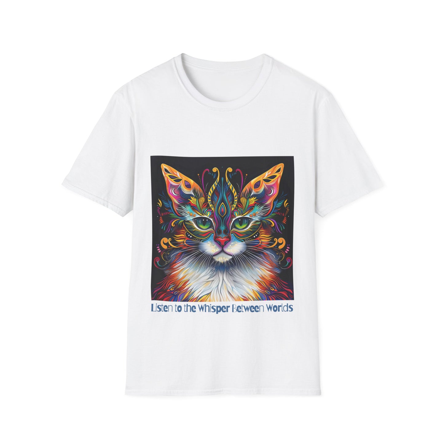 Listen to the Whisper Between Worlds- Shaman Graphic Cat Tee, Cat Lover's Graphic Tee Graphic Unisex T- Shirt, T-Shirt Cat Lovers Gift  Softstyle T-Shirt Tee Teeshirt Stylized Cat