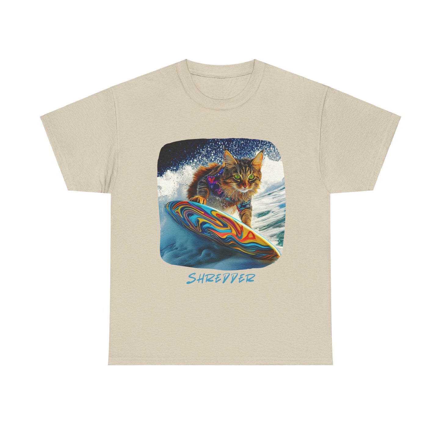 Shredder Surfer Cat, "Shredder" T-shirt, Cat on Surfboard Graphic Tee- Water Sports Cat (V1)  Cat Art Gift   -  Cool Cats Unisex Heavy Cotton Tee T-Shirt