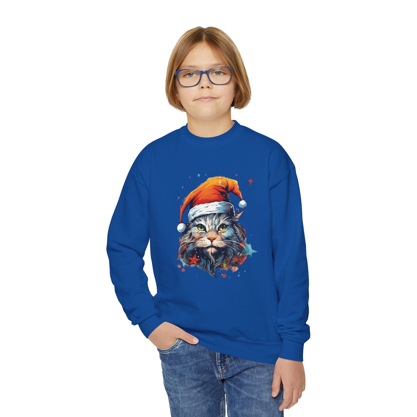 Scrappy White Cat in Santa Hat, Kids Sweatshirt - Adorable Kids Youth Crewneck Sweatshirt -Christmas Cat Lover Gift Shirt