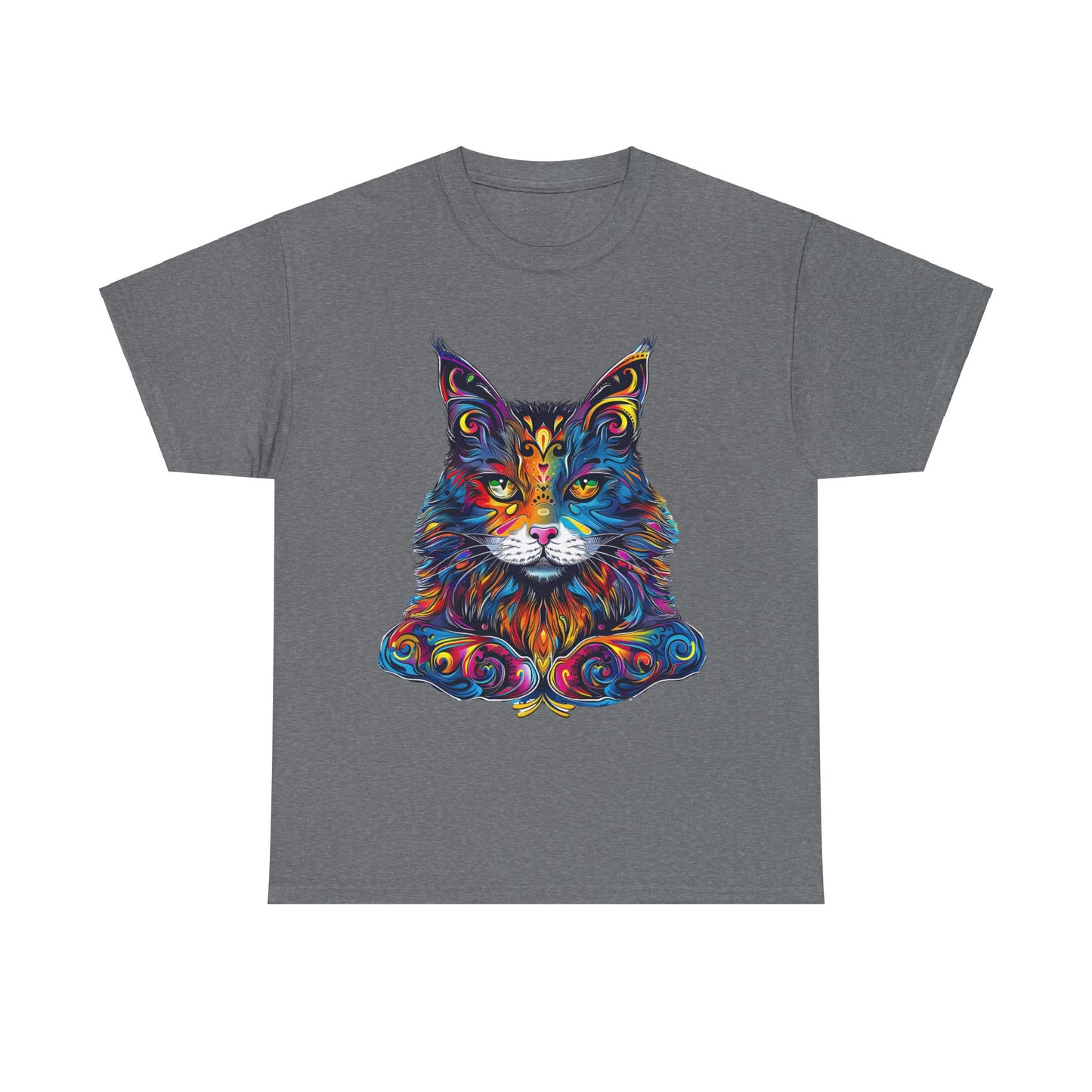 Chill Vibe Jewel Tone Cat Graphic Tee - Cat Lover TeeShirt - T-shirt    - Cat Gift Unisex Heavy Cotton Tee T-Shirt