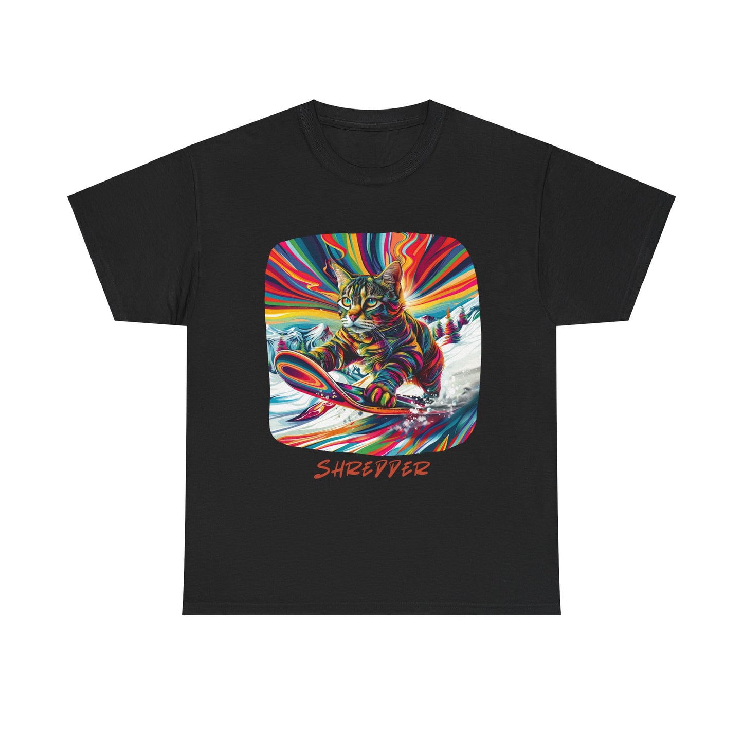 Shredder Snowboard Cat Graphic Tee - Extreme Winter Sports Ski Cat Art Gift   -  Cool Cats Unisex Heavy Cotton Tee T-Shirt