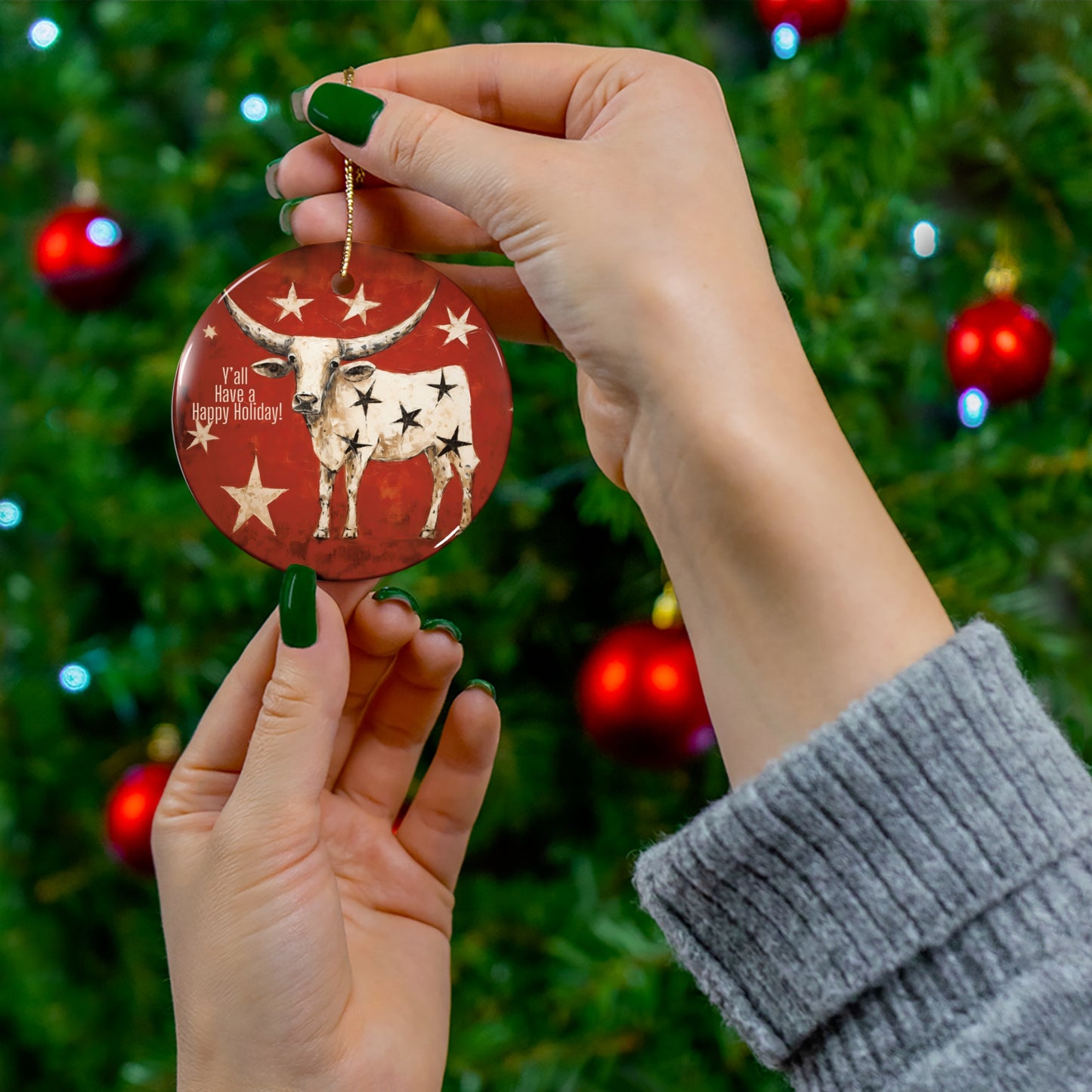 Cattle Longhorn Stars Christmas Greeting Ceramic Tree Ornament. Merry Y'all Have a Happy Holiday Southern Greeting Gift