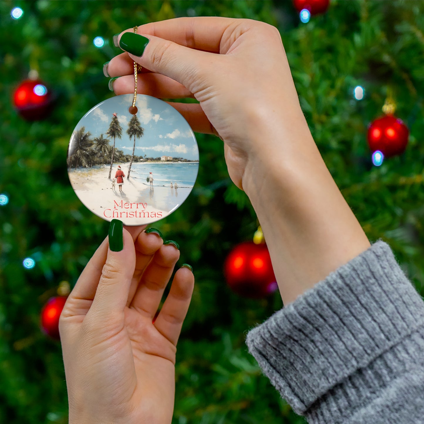 Florida Carolinas Cali Tropical Beach Seaside Santa Christmas Greetings -  Christmas Tree Keepsake Ornament Ceramic -  Palm Trees Christmas