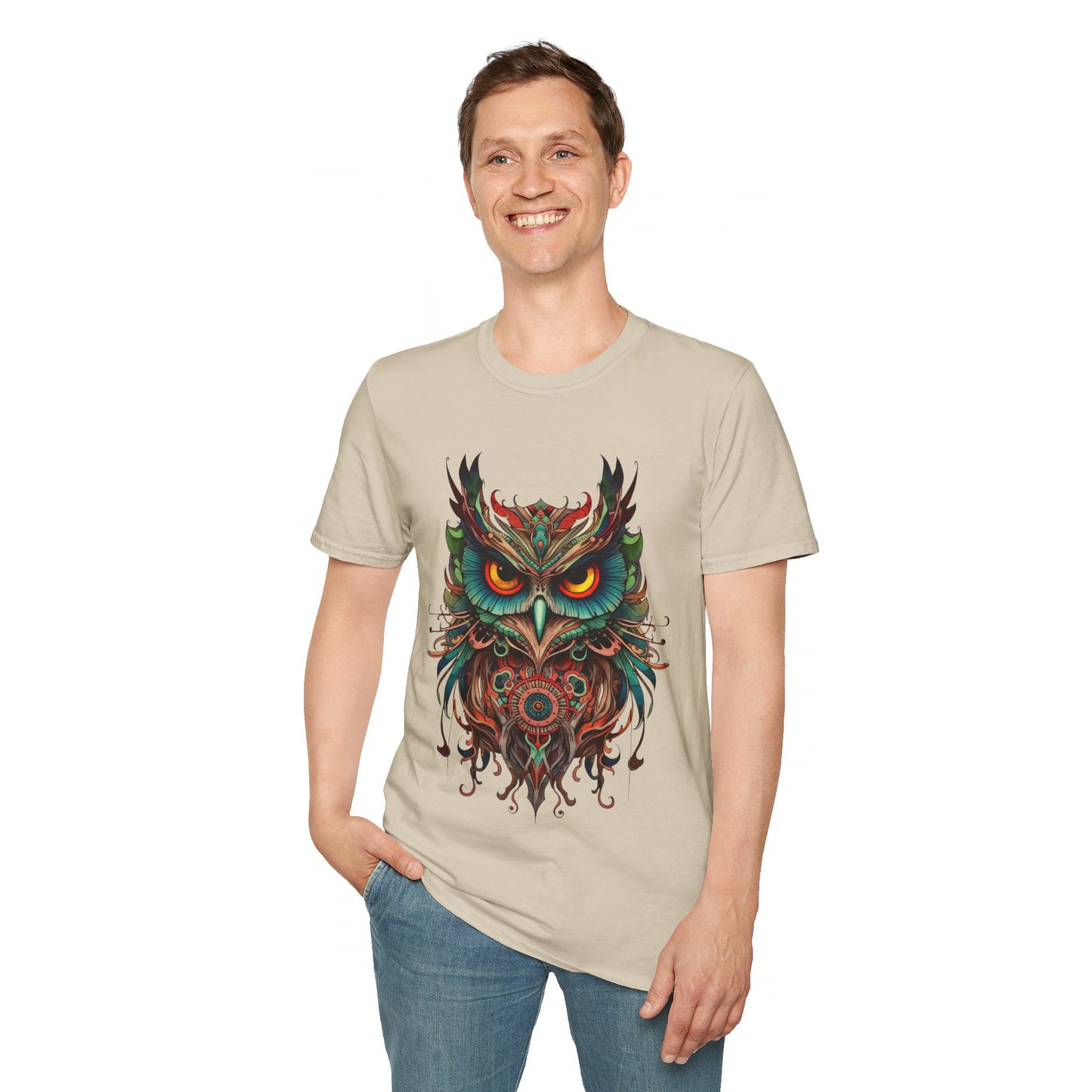 Jeweled Tone Owl, Owl Shirt, Barn Steampunk Owl   Unisex Tee Shirt, T-Shirt Softstyle T-Shirt Tee Teeshirt