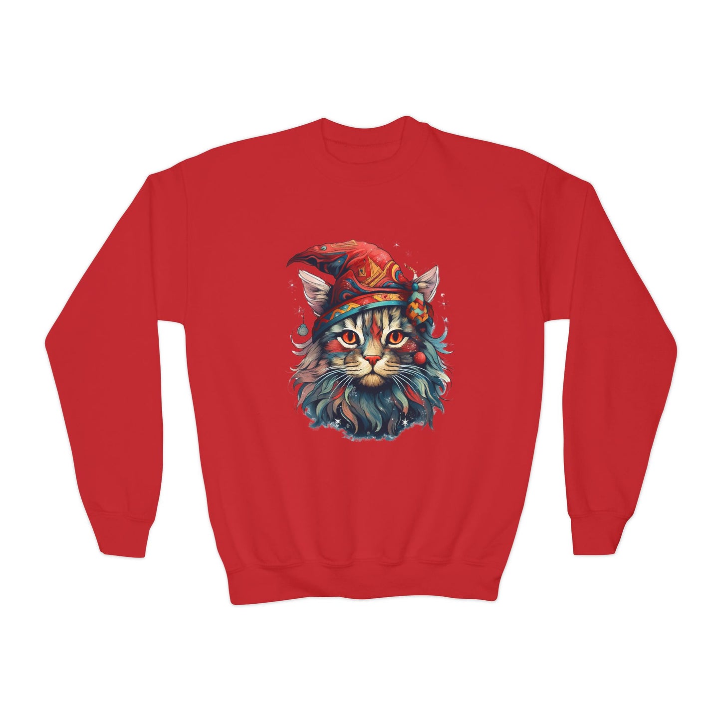 Santa's Cat Elf in Santa Hat, Kids Sweatshirt - Adorable Kids Youth Crewneck Sweatshirt -Christmas Cat Wizard Gift