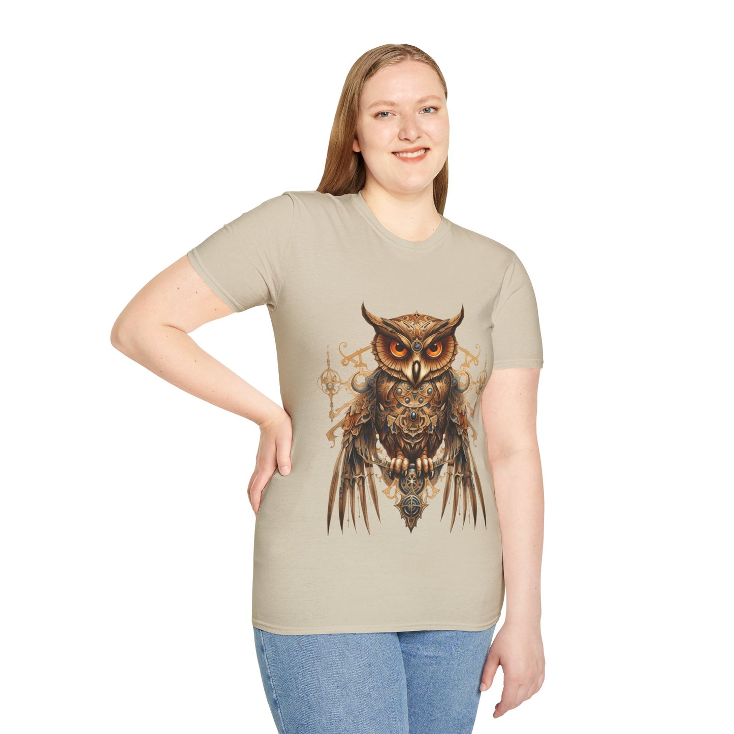 Steampunk Art Deco Style Owl II, Golden Owl Shirt, 1920's Owl  Gift  Unisex Tee Shirt, T-Shirt Softstyle T-Shirt Tee Teeshirt