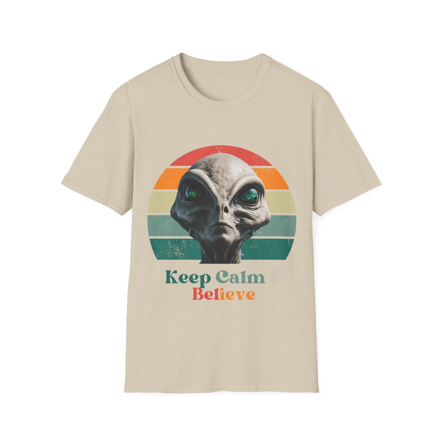 Retro Alien ET, Extraterrestrial Shirt, T-Shirt, "Keep Calm and Believe" Softstyle Unisex Tee Shirt  - 60s 70s Vibe- Keep Calm Hippie Shirt