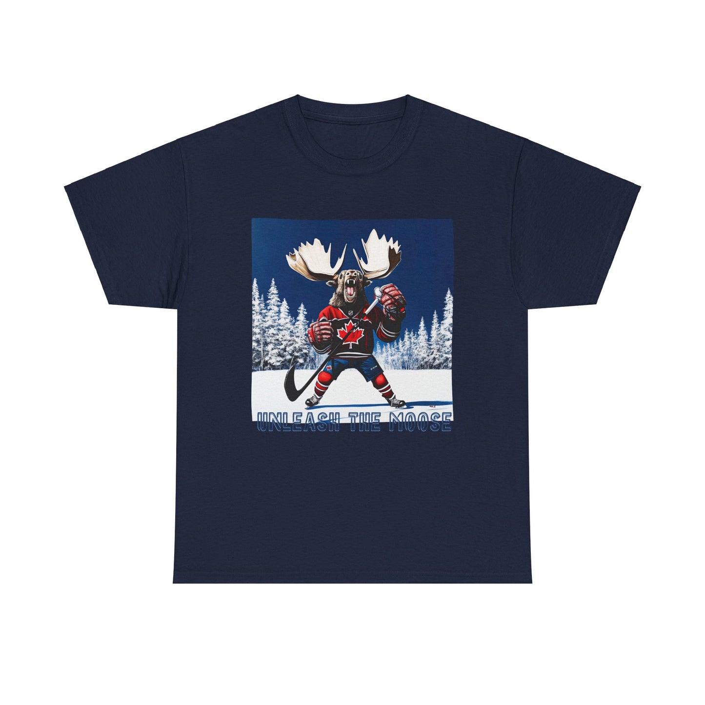 "Unleash the Moose" Hockey Player  Moose - Moose Lover Hockey Graphic Tee Unisex Heavy Cotton Tee T-Shirt