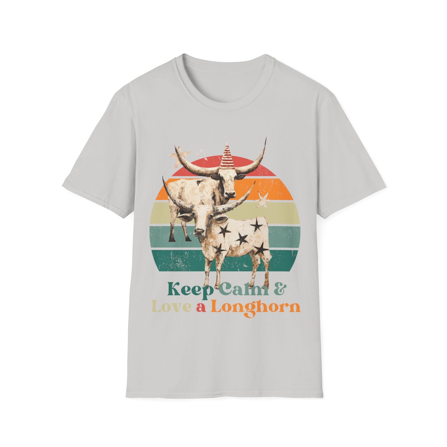 Retro Longhorn Texas Style "Keel Calm & Love a Longhorn" Cattle, Rodeo, Texas Star, Graphic T-Shirt,  Texas Softstyle Unisex Tee Shirt  - 60s 70s Vibe- Keep Calm Shirt