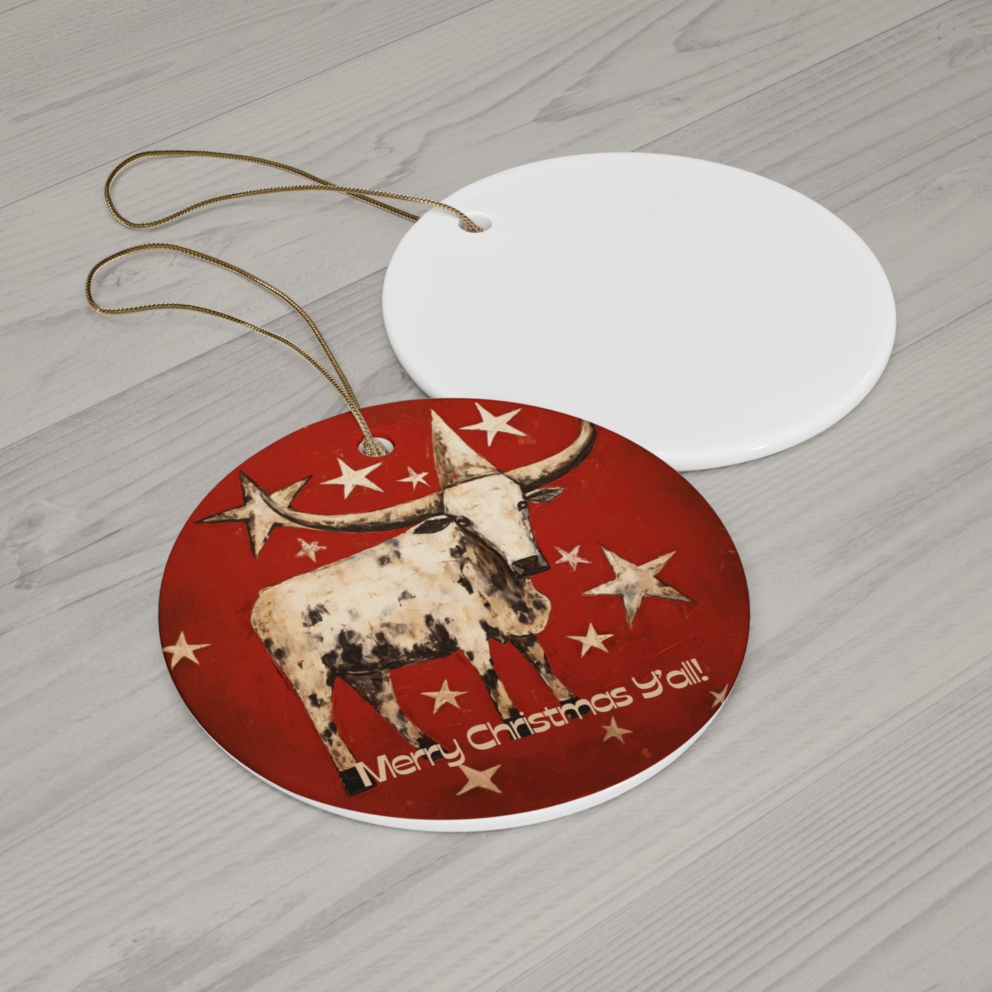 Texas Longhorn Cattle Stars Christmas Greeting "Merry Christmas Y'all!" Ceramic Tree Ornament. Happy Holiday Southern Style Greeting Gift